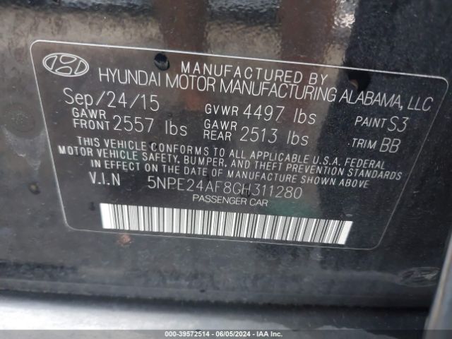 5NPE24AF8GH311280 Hyundai SONATA SE