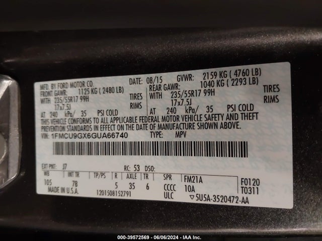 Ford ESCAPE SE 2016 1FMCU9GX6GUA66740 Image 9