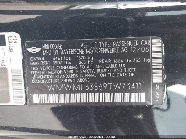 2009 MINI COOPER WMWMF33569TW73411 Photo 8