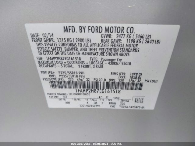 1FAHP2H87EG161518 Ford TAURUS SEL