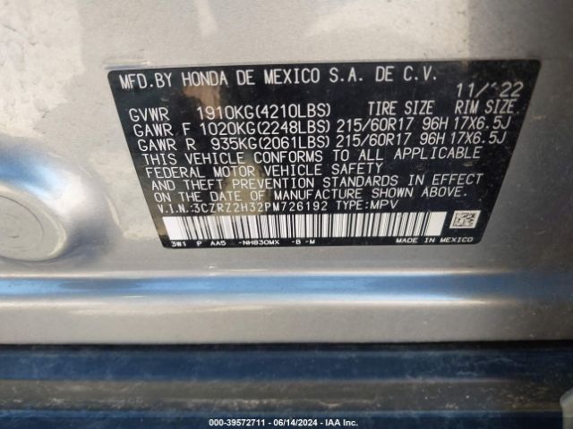 3CZRZ2H32PM726192 Honda Hr-v Awd Lx