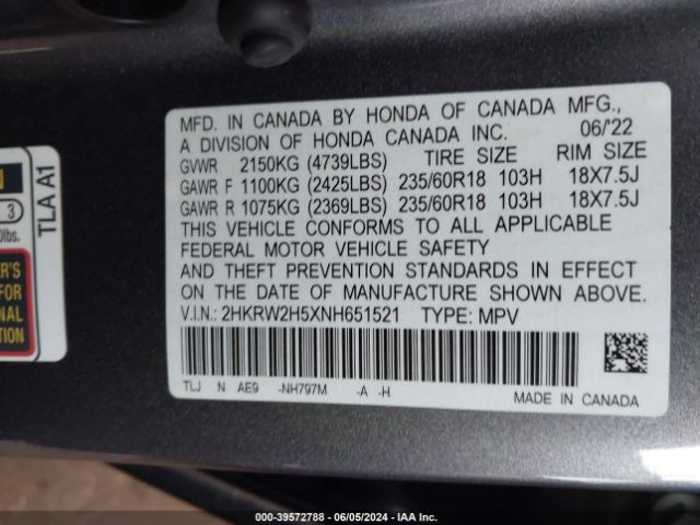 2HKRW2H5XNH651521 Honda Cr-v Awd Ex