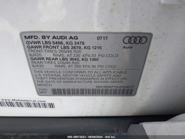 WA1BNAFY0J2024277 Audi Q5 2.0t Premium/2.0t Tech Premium