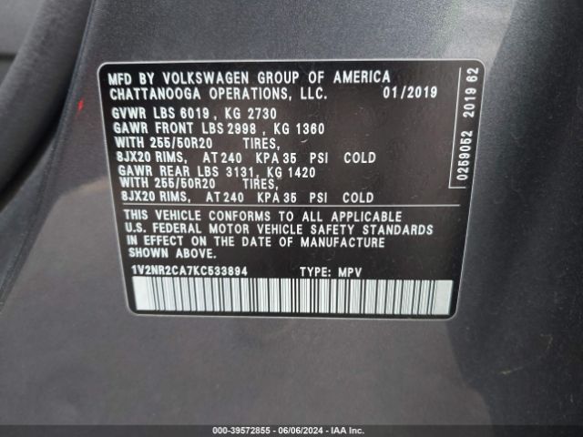 1V2NR2CA7KC533894 Volkswagen Atlas 3.6l V6 Sel Premium