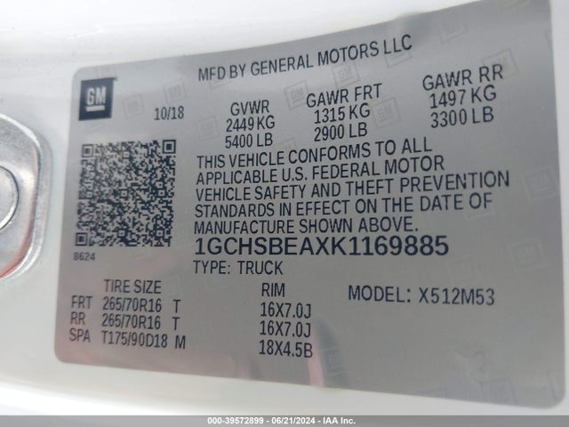 Chevrolet Colorado Wt 2019 1GCHSBEAXK1169885 Image 9