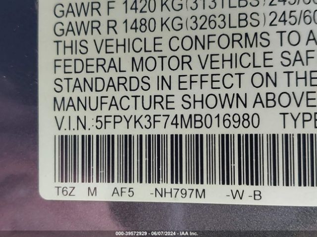 5FPYK3F74MB016980 Honda Ridgeline Rtl-e
