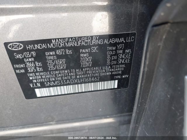 5NMS33ADXLH168462 Hyundai Santa Fe Sel
