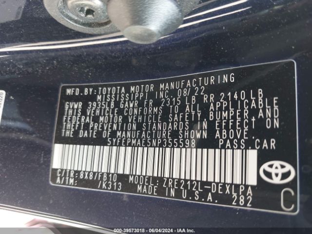 5YFEPMAE5NP355598 Toyota COROLLA LE