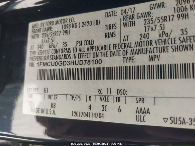 Ford ESCAPE SE 2017 1FMCU0GD3HUD78100 Image 9