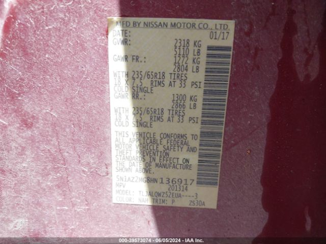 5N1AZ2MG8HN136917 Nissan MURANO SV