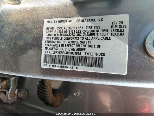 Honda Ridgeline Awd Sport 2021 5FPYK3F14MB001018 Image 9