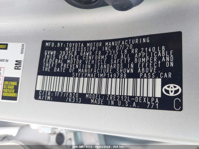 Toyota COROLLA LE 2021 5YFEPMAE1MP149788 Image 9