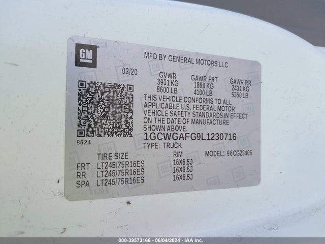 Aukcja sprzedaży 2020 Chevrolet Express Cargo Rwd 2500 Regular Wheelbase Wt, vin: 1GCWGAFG9L1230716, numer aukcji: 39573166