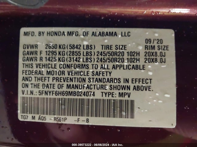 Honda Pilot Awd Touring 7 Passenger 2021 5FNYF6H69MB024074 Image 9