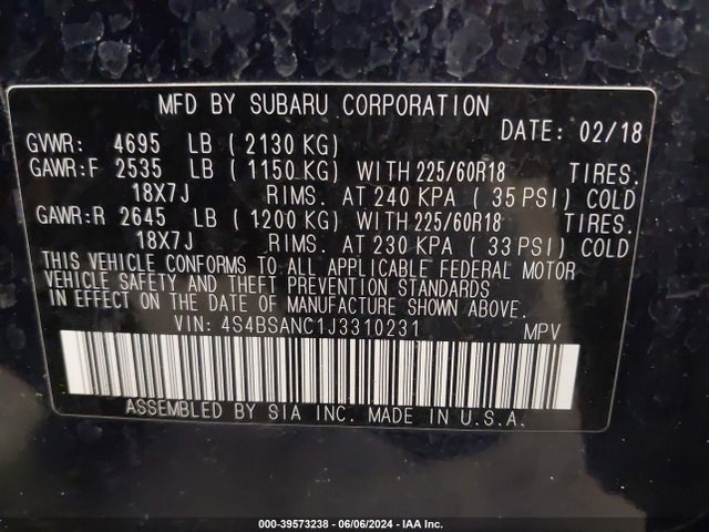 Subaru Outback 2.5i Limited 2018 4S4BSANC1J3310231 Image 9