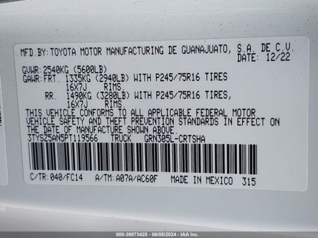 3TYSZ5AN5PT119566 Toyota Tacoma Sr5 V6