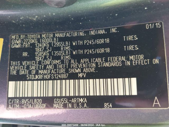 5TDJKRFH0FS124887 Toyota Highlander Xle V6