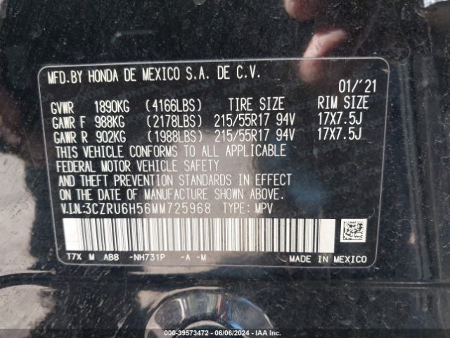 3CZRU6H56MM725968 Honda Hr-v Awd Ex