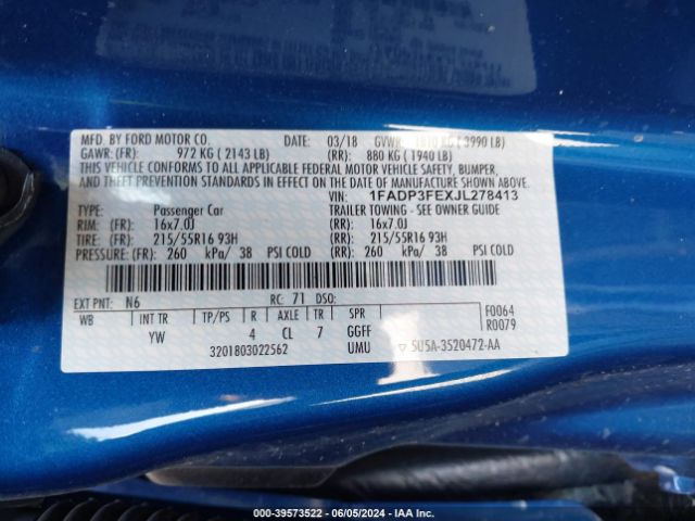 1FADP3FEXJL278413 Ford FOCUS SE