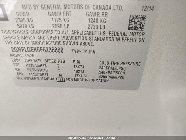 Chevrolet Equinox 2lt 2015 2GNFLGEK6F6236860 Image 9