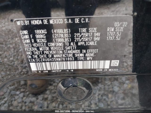 3CZRU6H35NM761893 Honda Hr-v Awd Lx