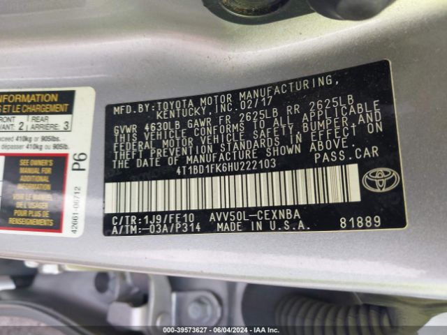 4T1BD1FK6HU222103 Toyota Camry Hybrid Le