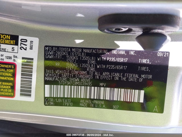 Toyota SIENNA XLE 2021 5TDYSKFC8MS039495 Image 9