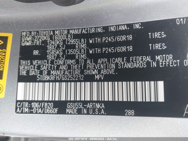 5TDBKRFH7GS252212 Toyota Highlander Le V6