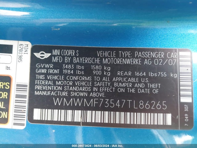 2007 MINI COOPER S WMWMF73547TL86265 Photo 8