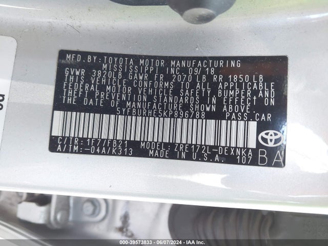 Toyota COROLLA LE 2019 5YFBURHE5KP896788 Image 9