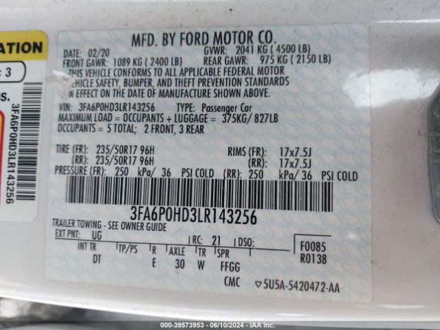 3FA6P0HD3LR143256 Ford FUSION SE