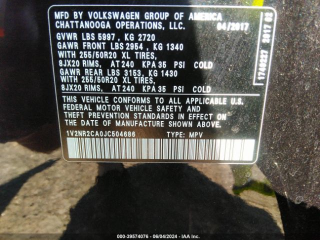 1V2NR2CA0JC504686 Volkswagen Atlas 3.6l V6 Sel Premium