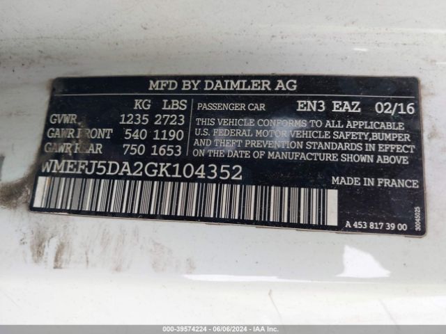 WMEFJ5DA2GK104352 Smart Fortwo Passion/prime/proxy/pure