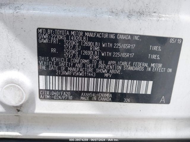 2T3RWRFV5KW011443 Toyota Rav4 Hybrid Xle