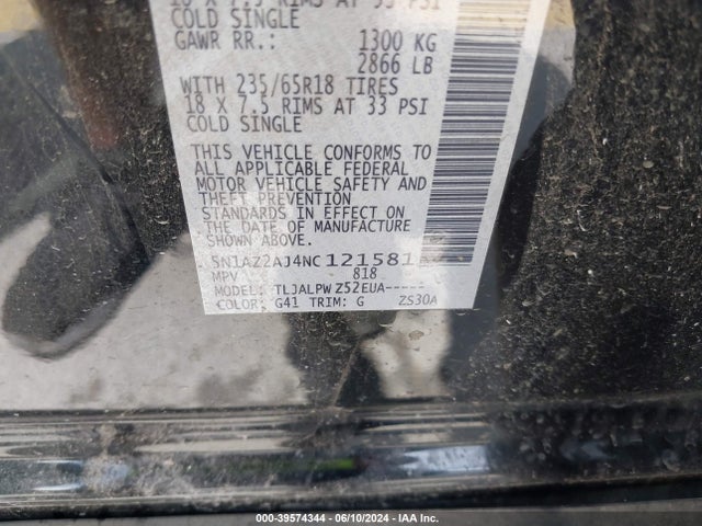 2022 Nissan Murano S Fwd მანქანა იყიდება აუქციონზე, vin: 5N1AZ2AJ4NC121581, აუქციონის ნომერი: 39574344