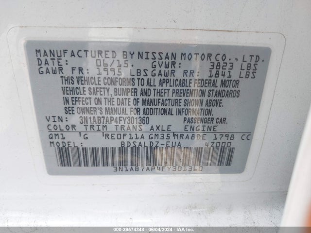 Aukcja sprzedaży 2015 Nissan Sentra Sv, vin: 3N1AB7AP4FY301360, numer aukcji: 39574348