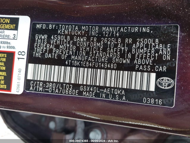 Toyota Avalon Xle Touring 2015 4T1BK1EB4FU149480 Image 9