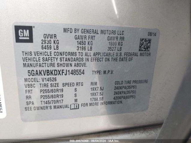 5GAKVBKDXFJ148554 Buick Enclave Leather