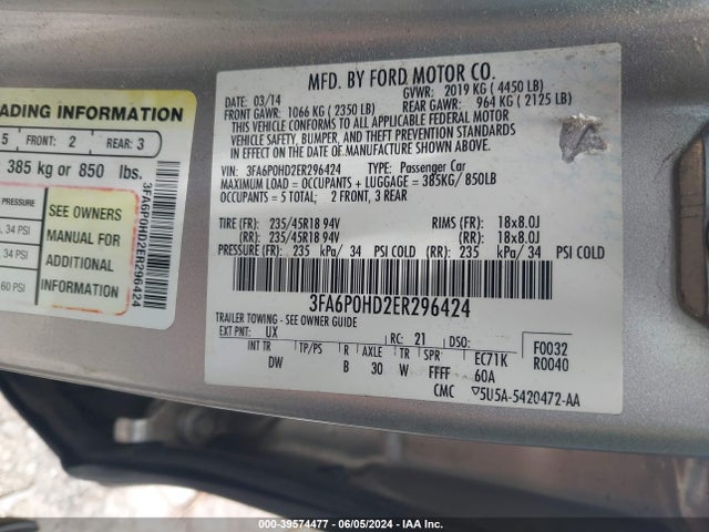 Ford FUSION SE 2014 3FA6P0HD2ER296424 Image 9