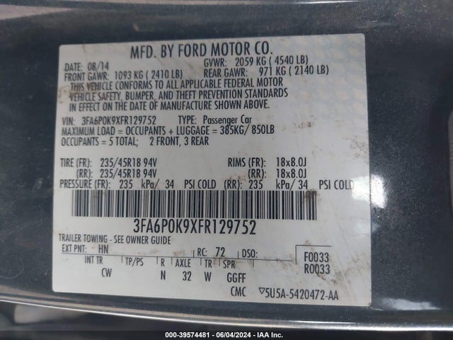 Ford Fusion Titanium 2015 3FA6P0K9XFR129752 Image 9