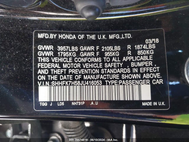 Honda CIVIC EX 2018 SHHFK7H58JU416053 Image 9
