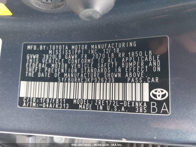 Toyota COROLLA LE 2019 5YFBURHE3KP926239 Image 9