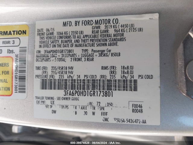 Ford FUSION SE 2016 3FA6P0HD1GR173801 Image 9