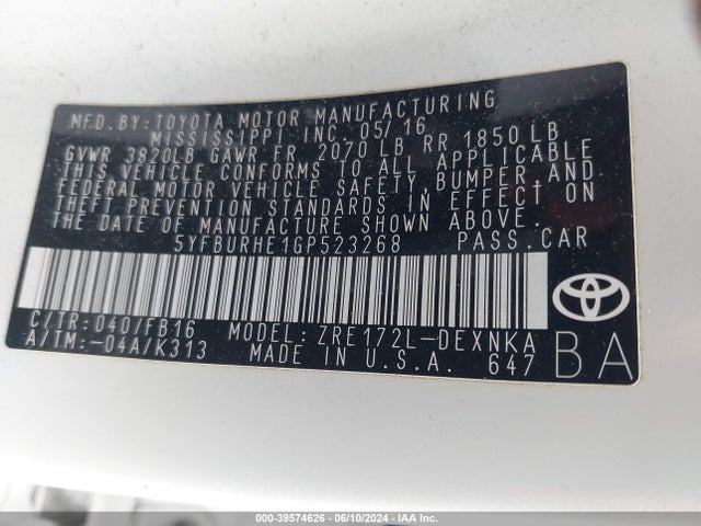 Toyota COROLLA LE 2016 5YFBURHE1GP523268 Image 9