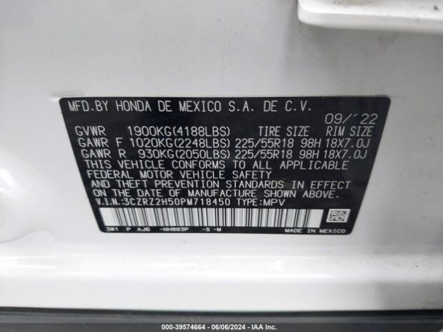 3CZRZ2H50PM718450 Honda Hr-v Awd Sport