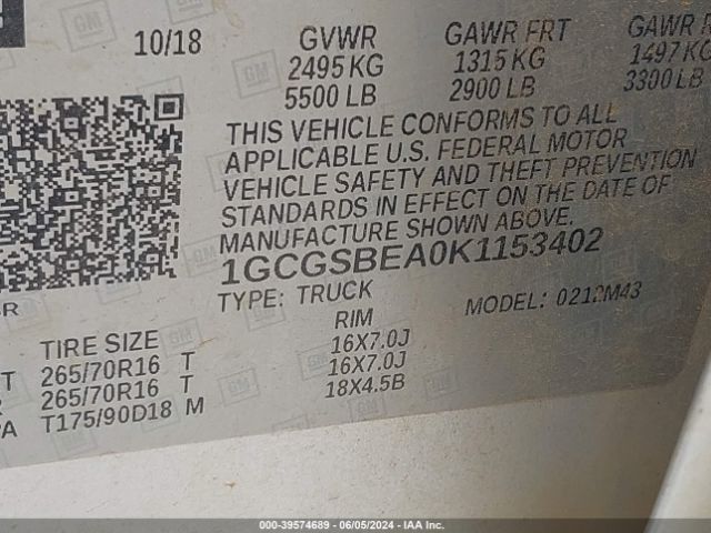 1GCGSBEA0K1153402 Chevrolet Colorado Wt