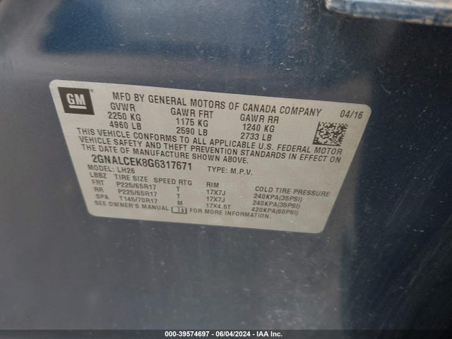 Chevrolet EQUINOX LT 2016 2GNALCEK8G6317671 Image 9