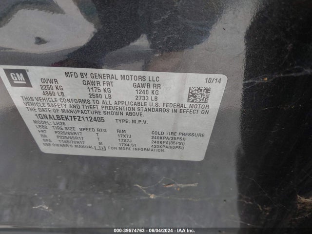 Chevrolet EQUINOX 1LT 2015 1GNALBEK7FZ112405 Image 9