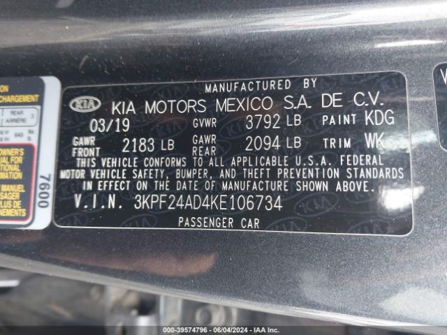 3KPF24AD4KE106734 KIA FORTE FE