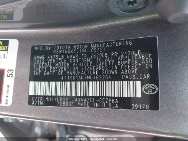 4T1K61AKXMU469264 Toyota CAMRY XSE